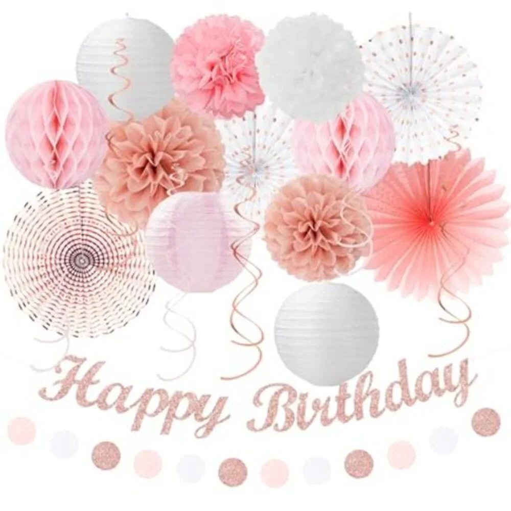 Pink White Rose Gold Birthday Party Decorations Banner Paper Lantern Pom Poms
